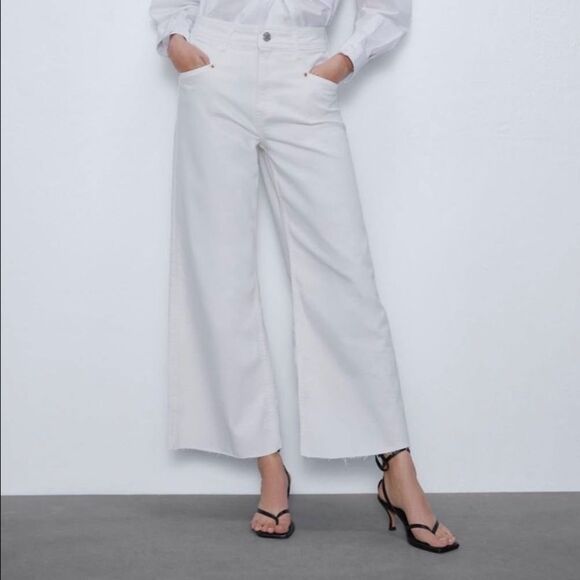 Zara Cropped Wide-Leg White Jeans - Picture 1 of 3